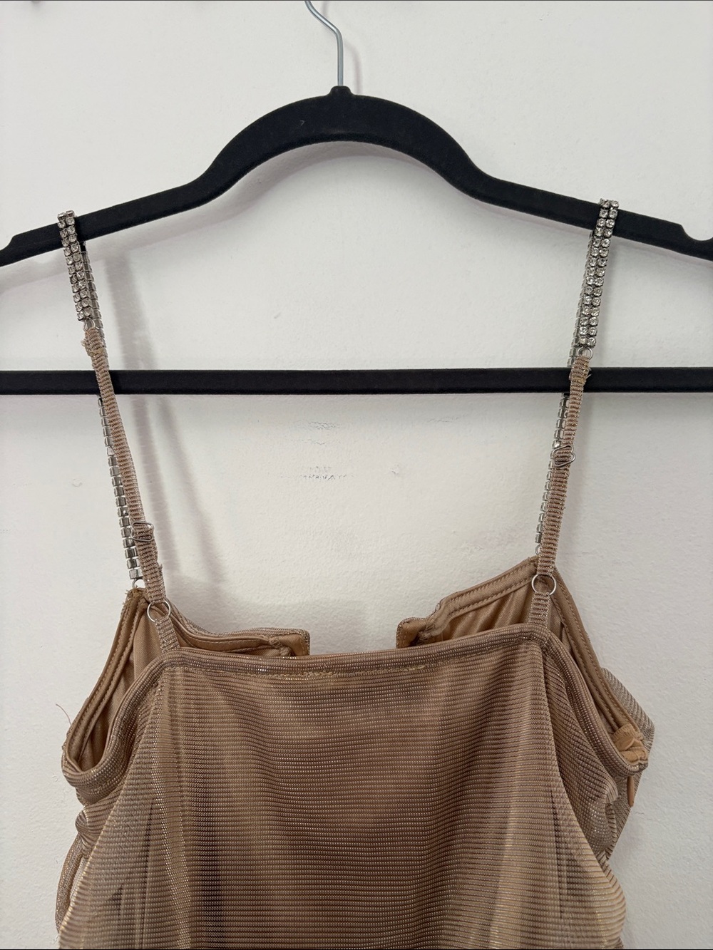 PrettyLittleThing Beige Ruched Mesh Mini Dress with Crystal Straps - Picture 3 of 4